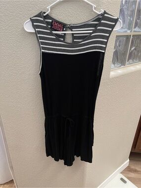 Emme Jordan Black Romper with Gray and White Striped Yoke